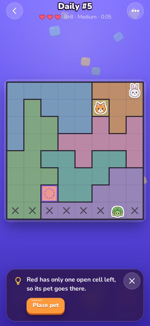 A PawPlots hint on an 8 by 8 daily puzzle: Red has only one open cell left, so its pet goes there, with a Place pet button.