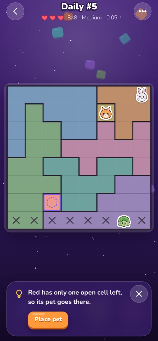 A PawPlots hint on an 8 by 8 daily puzzle: Red has only one open cell left, so its pet goes there, with a Place pet button.