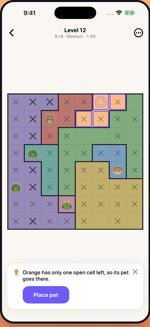 A PawPlots hint highlighting the last open orange cell: Orange has only one open cell left, so its pet goes there.