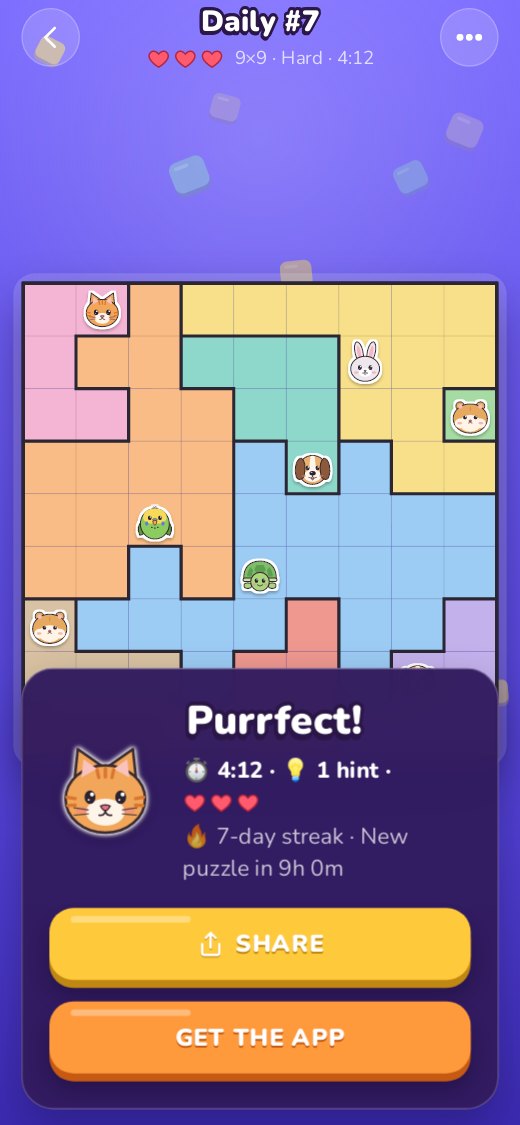 A solved 9 by 9 daily puzzle: Purrfect! 4:12, 1 hint, three hearts left, 7-day streak.