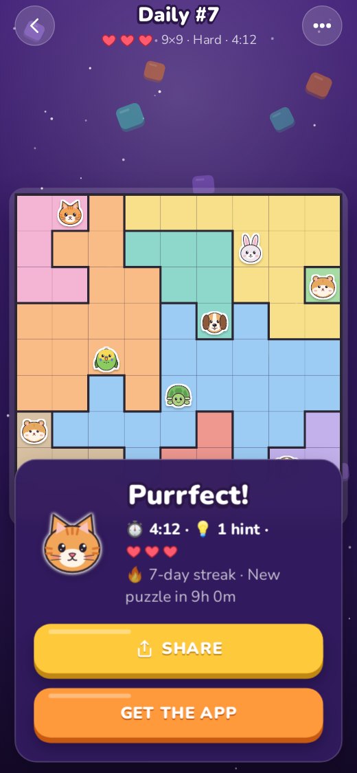 A solved 9 by 9 daily puzzle: Purrfect! 4:12, 1 hint, three hearts left, 7-day streak.