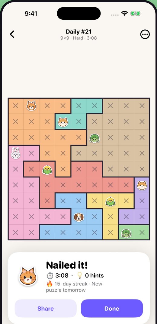 A solved 9 by 9 daily puzzle with the message Nailed it, 3:08, 0 hints, 15-day streak.